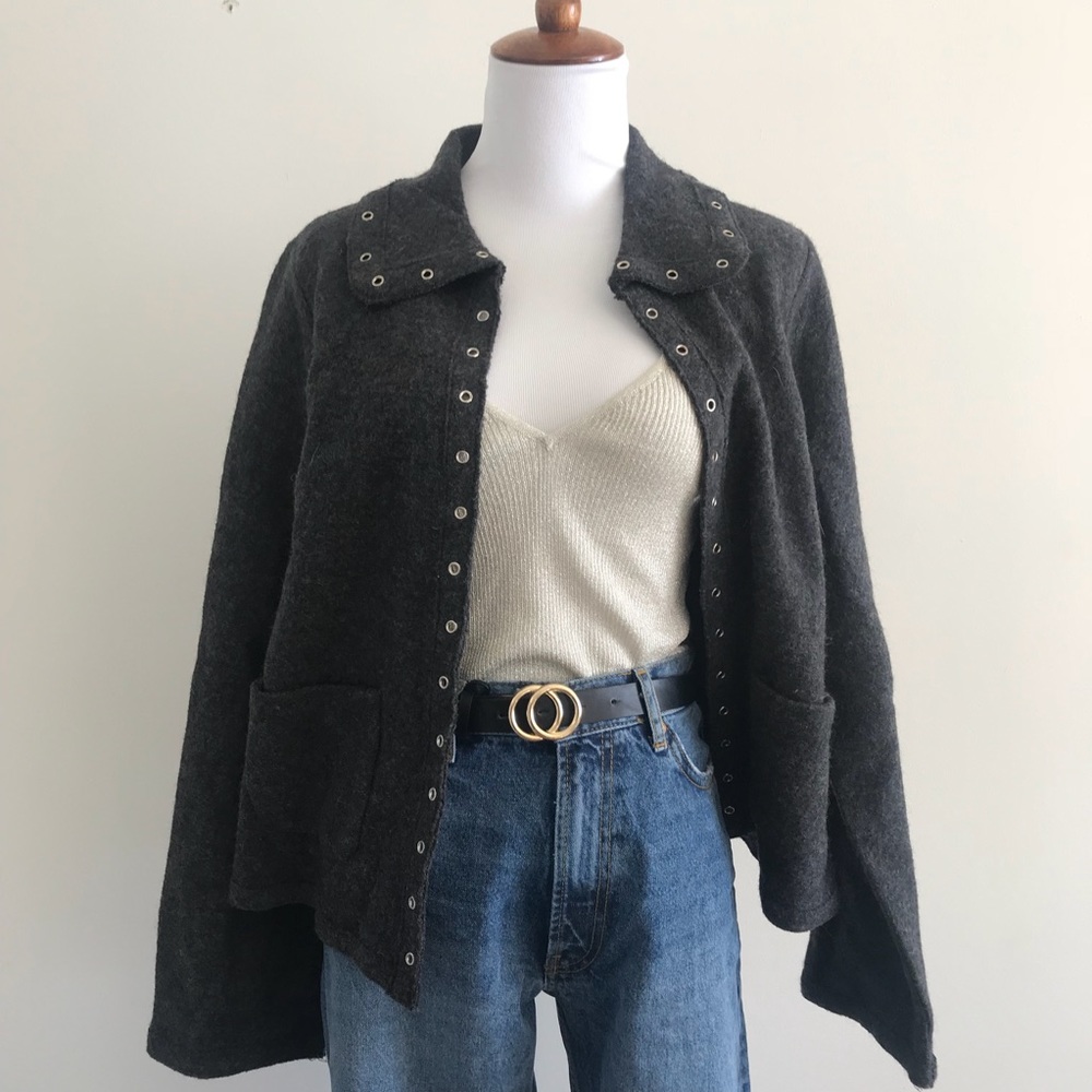 100% Wool Sweater Cardigan w/ Grommet Details